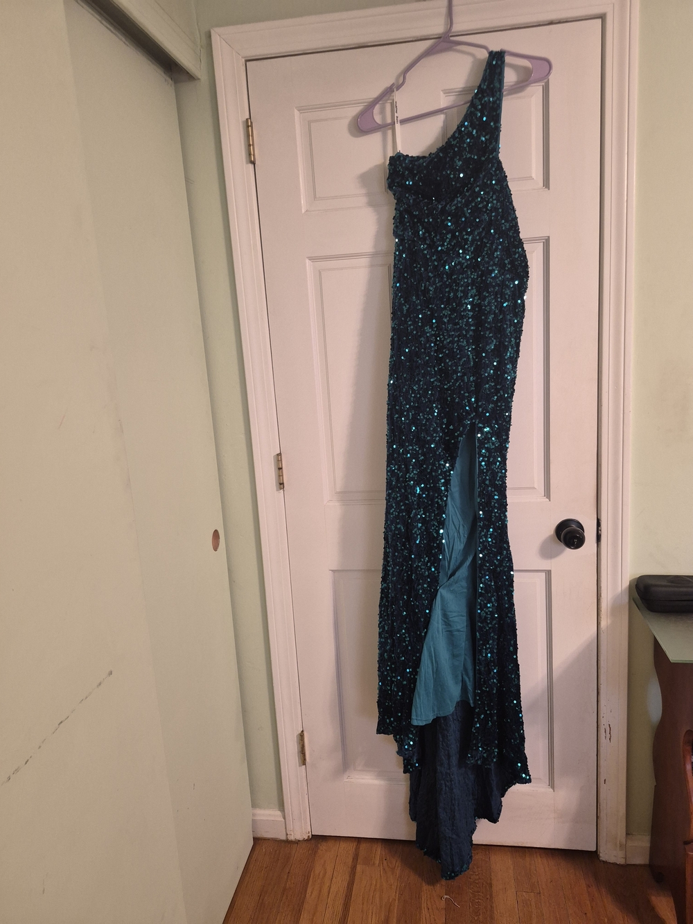 Teal One-Shoulder Sequin Evening Gown